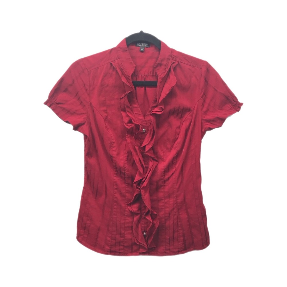 Express Blouse Women's Size SP Small Red Elite Stretch Ruffle Button Up Top